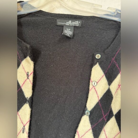 Willi Smith Vintage Y2K 100% Merino Wool Argyle Cardigan Sweater Preppy Minimal - Picture 11 of 15